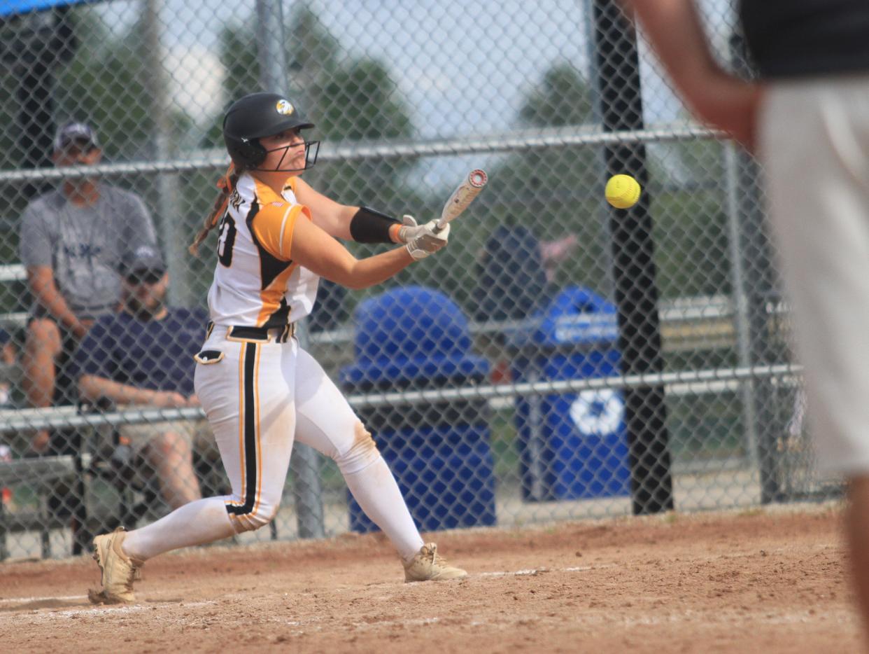 Granville's Sophia Patena hits for Ohio Hawks 2025/26 Emswiler/Stanley in a 3-1 loss to Ohio Storm '06 Jones 16U during the Ohio Stingrays College Showcase at Hilliard Municipal Park on Sunday, July 9, 2023.
