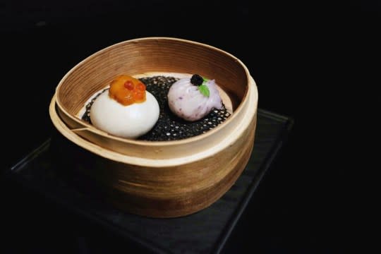 Dim sum platter: Sea urchin custard bun & Truffles shrimp dumpling