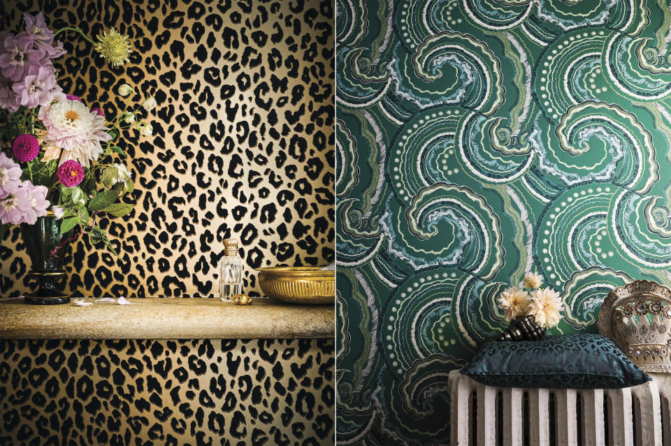 This combination of wallpaper photos released by Romo and Temperley London shows a leopard print pattern, left, and a sea agate pattern. Wallpaper is back in a big way, decor experts say, and many make a statement through story or texture. (Romo and Temperley London via AP)