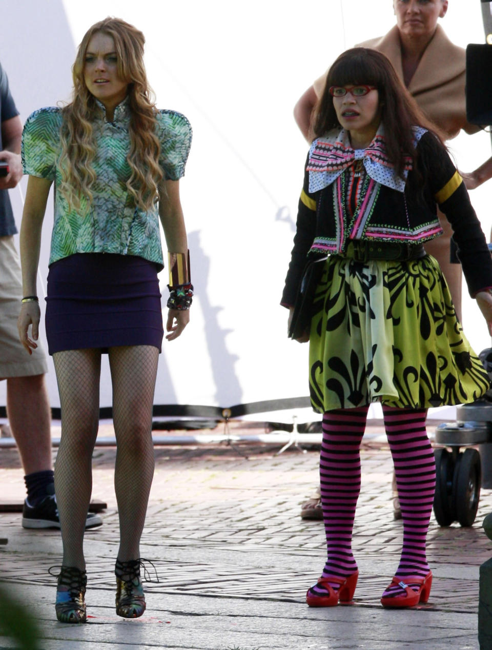 Lindsay Lohan and America Ferrera on the set of "Ugly Betty"