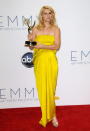 El amarillo también significa alegría y felicidad. Es obvio que <b>Claire Danes</b> está transmitiendo estos sentimientos al cuadrado con este vestido de Lanvin. Ella radia felicidad no sólo por el Emmy que ganó por su serie Homeland sino por la nueva vida que lleva dentro.