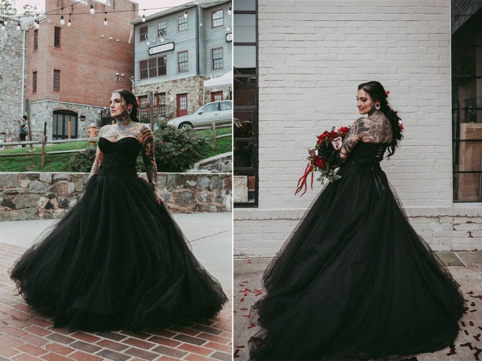 A front and back of a bride standing in a strapless, black wedding dress.