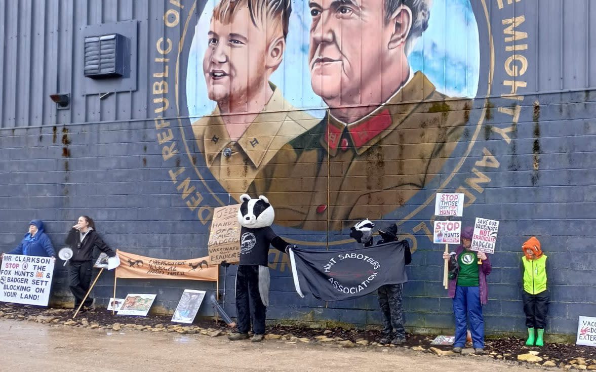 Animal rights protesters at Jeremy Clarkson's Hawkstone Brewery in Bourton-on-the-Water, Glos