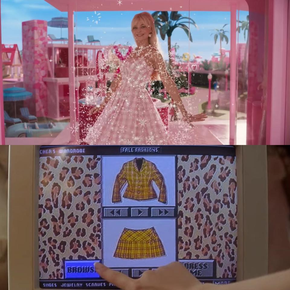 Top: Margot Robbie as Barbie in "Barbie." Bottom: Cher Horowitz's virtual wardrobe in "Clueless."