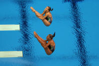 LONDON, ENGLAND - JULY 29: Tania Cagnotto (Bottom) Francesca Dallape of Italy compete in the Women's Synchronised 3m Springboard final on Day 2 of the London 2012 Olympic Games at the Aquatics Centre at Aquatics Centre on July 29, 2012 in London, England. (Photo by Clive Rose/Getty Images)