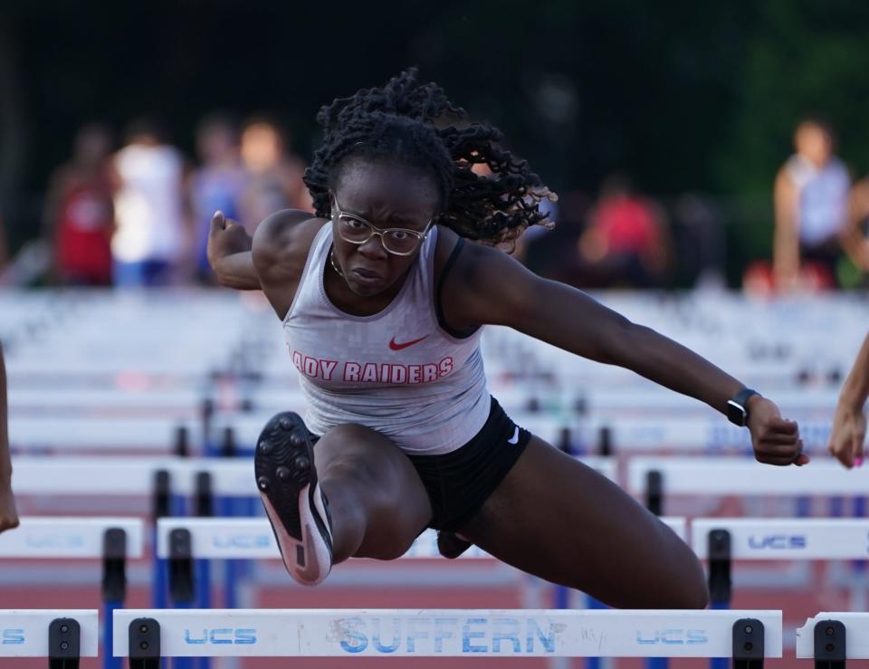 North Rockland's Dami Modupe runs a 14.3 time in the 100-meter hurdles at the Section 1 state track & field qualifing meet at Suffern Middle School on Thursday, June 1, 2023.