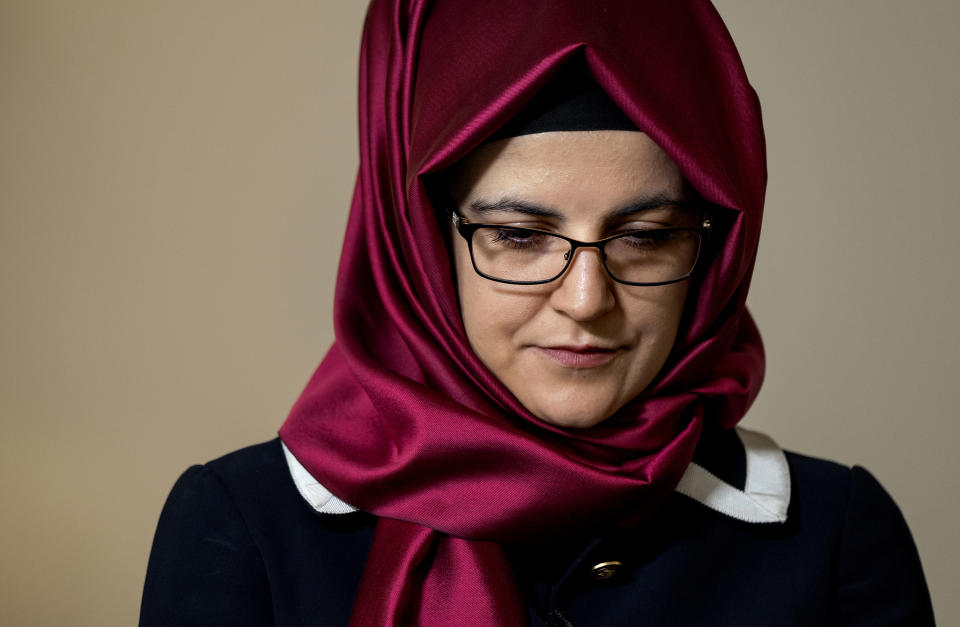 Hatice Cengiz, the fiancee of murdered Saudi journalist Jamal Khashoggi, pauses as her response to a question is translated during an interview Thursday, Sept. 26, 2019, in New York. Khashoggi had entered the consulate hoping to collect a document that would let him wed Cengiz. She waited outside for him, but he’d never return. (AP Photo/Craig Ruttle)