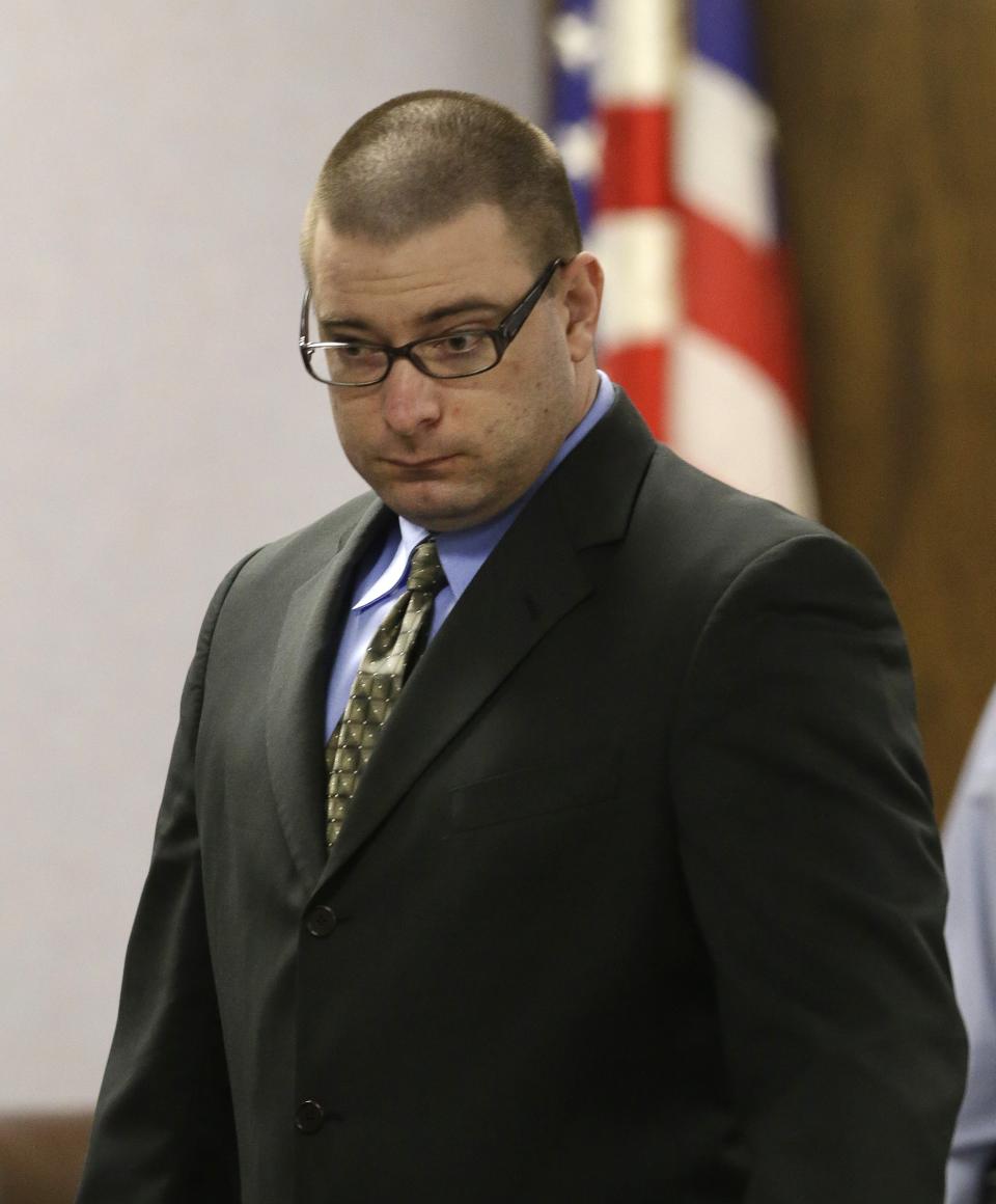 Eddie Ray Routh walks to his chair in court  after a break during his capital murder trial at the Erath County, Donald R. Jones Justice Center Friday, Feb. 20, 2015, in Stephenville, Texas. Routh, 27, of Lancaster, is charged with the 2013 deaths of Navy SEAL Chris Kyle and his friend Chad Littlefield at a shooting range near Glen Rose, Texas. (AP Photo/LM Otero,Pool)