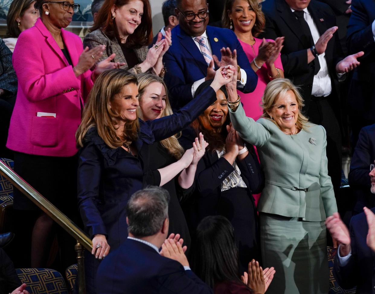 (L-R) Activist and author Maria Shriver, Kate Cox, who was denied emergency abortion care by the Texas Supreme Court Latorya Beasley who recently had an IVF embryo transfer cancelled following the result of a recent Alabama Supreme Court decision and First Lady Jill Biden during President Joe BidenÕs State of the Union address to Congress at the U.S. Capitol in Washington on March 7, 2024.