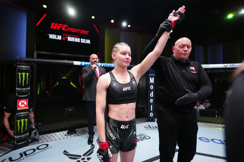 LAS VEGAS, NEVADA – JULY 15: Viktoriia Dudakova of Russia reacts after her victory over Istela Nunes of Brazil in their women’s strawweight fight during the UFC Fight Night at UFC APEX on July 15, 2023 in Las Vegas, Nevada. (Photo by Jeff Bottari/Zuffa LLC via Getty Images)