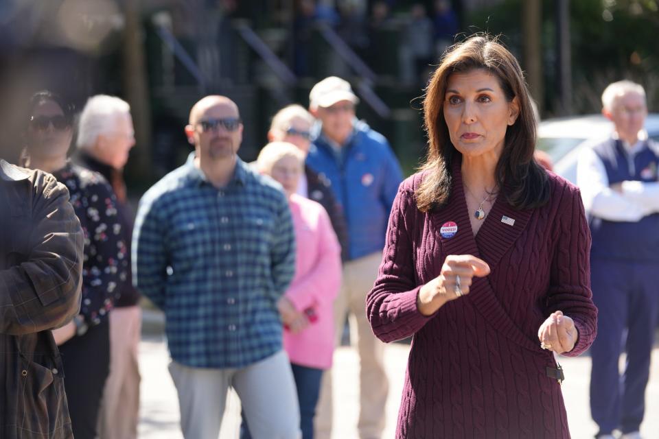 Feb 24, 2024; Kiawah Island, SC, USA; Republican presidential candidate and former South Carolina governor Nikki Haley spoke with the press after voting in Saturday’s GOP primary Saturday in Kiawah Island. Megan Smith-USA TODAY