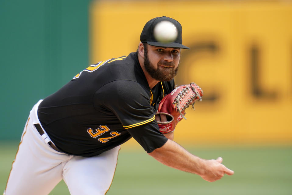 Pittsburgh Pirates starting pitcher Bryse Wilson delivers during the first inning of a baseball game against the Milwaukee Brewers in Pittsburgh, Saturday, July 2, 2022. (AP Photo/Gene J. Puskar)