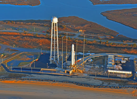 The new Antares rocket built by Orbital Sciences Corp. is seen atop its launch pad at NASA's Wallops Flight Facility on April 17, 2013, during an initial launch attempt for its first test flight. A last-minute glitch delayed the launch try.