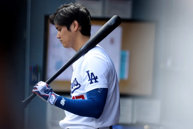 Shohei Ohtani looks on prior to his first at bat during the first inning of a game against the St. Louis Cardinals at Dodger Stadium on March 28, 2024. - Credit: Sean M. Haffey/Getty Images