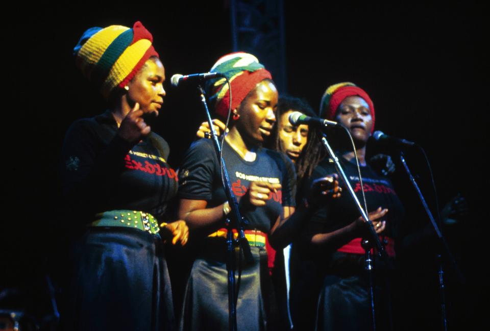 Bob Marley performing with the I Threes in 1977.