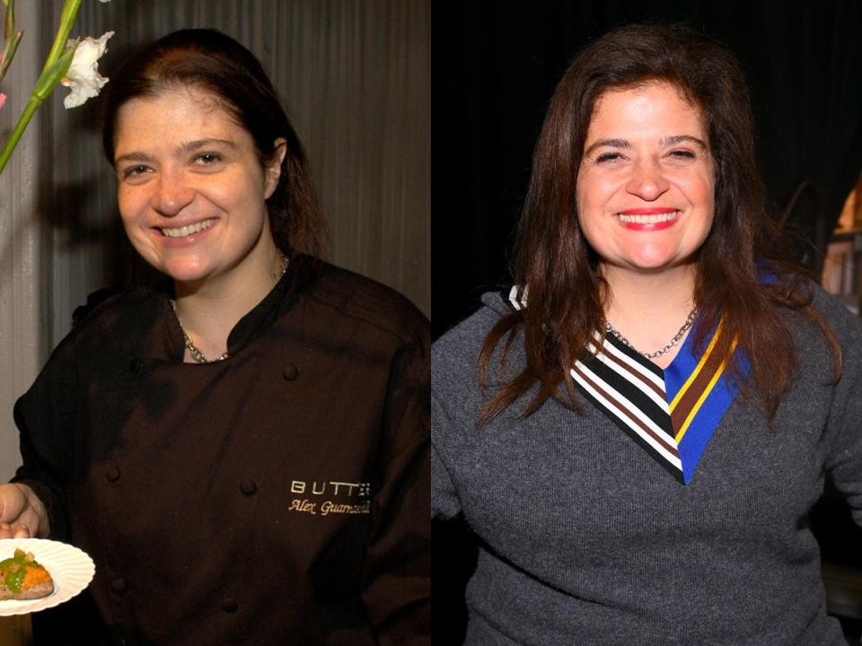 On the left, Alex Guarnaschelli in a black chef's outfit. On the right, her in a gray sweater.