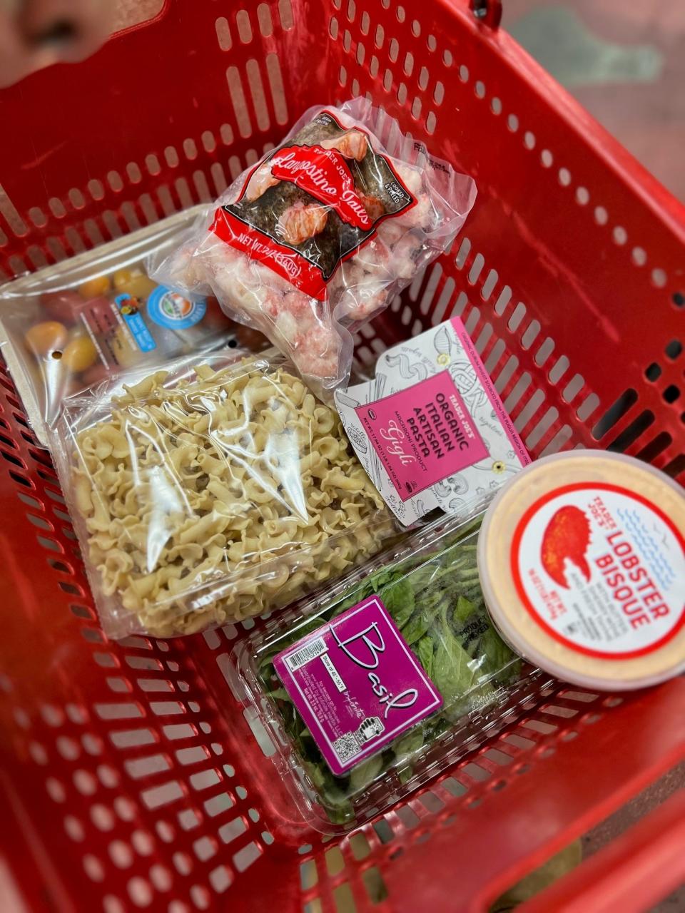 A basket containing Trader Joe's ingredients
