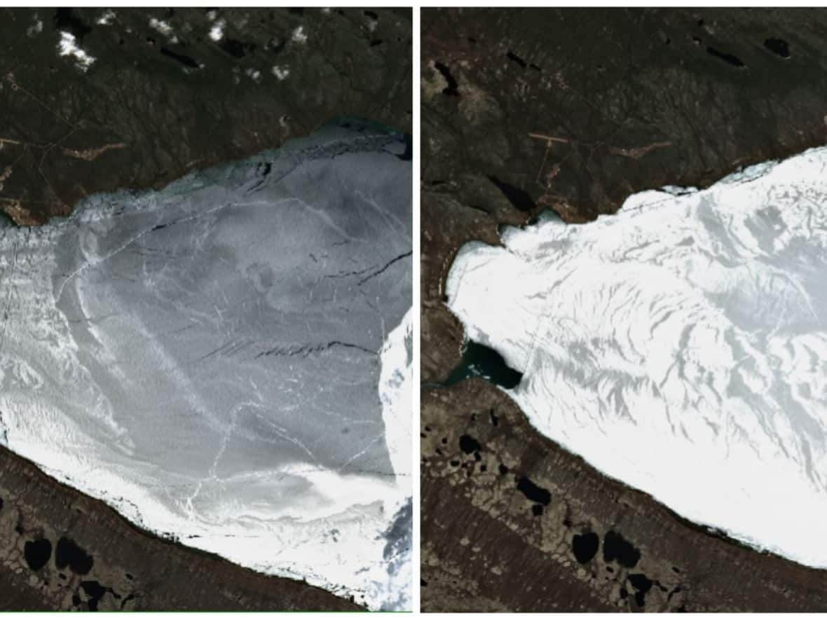 Satellite imagery shows the difference in the ice near Délı̨nę on Great Bear Lake. On the left is an image taken May 30, 2023 and on the right is an image taken on June 1, 2022.  (Sentinel-2/European Space Agency - image credit)