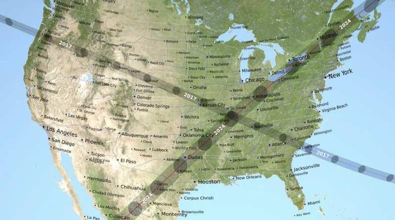Map showing the path of totality for the 2017 and 2024 total solar eclipse. - Image: NASA Visualization Studio