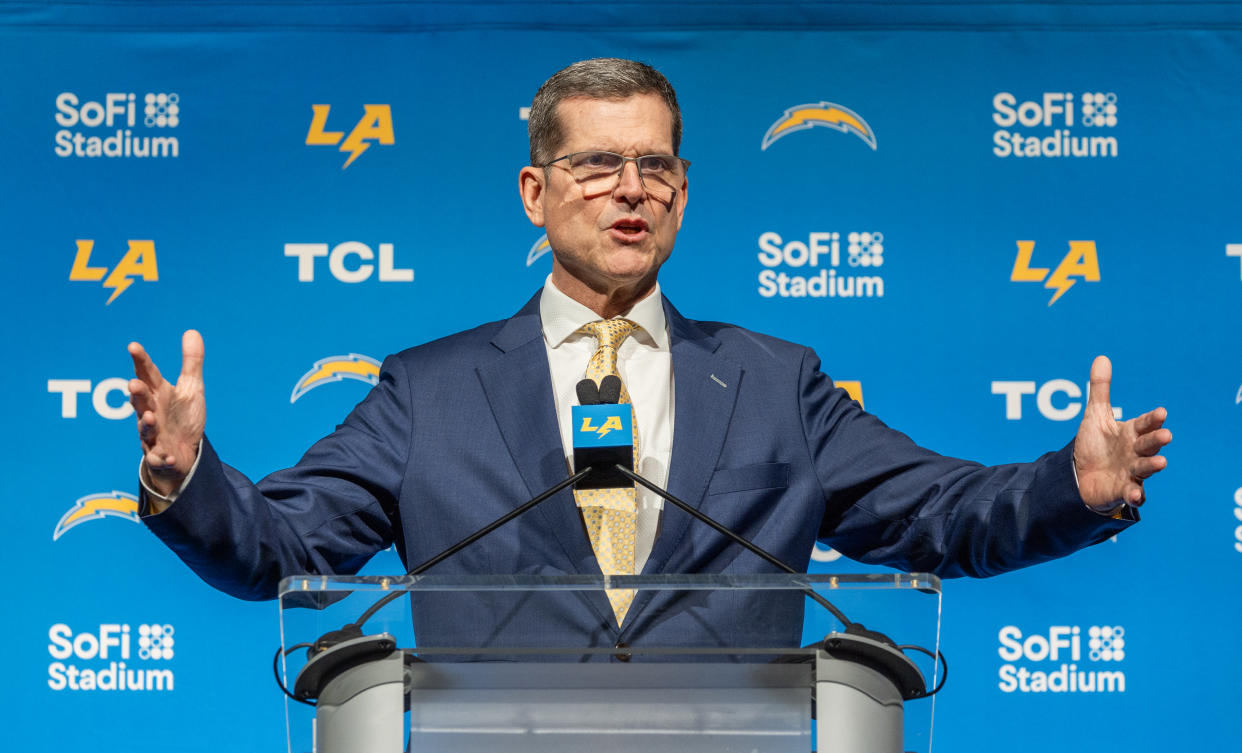 Los Angeles Chargers coach Jim Harbaugh added a couple of offensive standouts to start the NFL Draft. (Allen J. Schaben / Los Angeles Times via Getty Images)