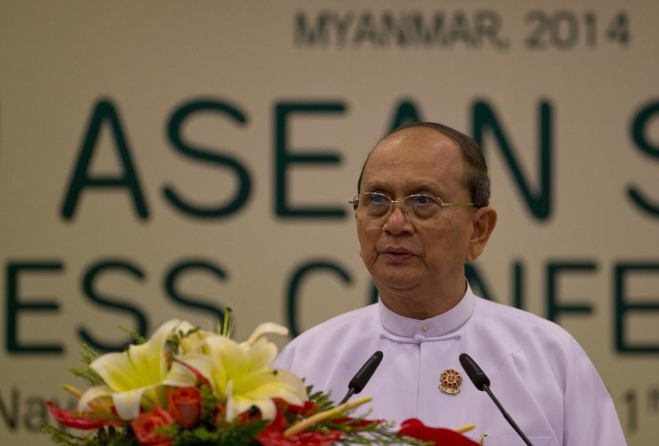 Myanmar President Thein Sein delivers a statement concluding the Association of Southeast Asian Nations leaders Summit in Naypyitaw, Myanmar, Sunday, May 11 2014. Vietnam and the Philippines pushed for stronger action to confront China's aggressive behavior in the South China Sea in the first regional summit hosted by Myanmar, but President Thein Sein made no direct mention of the China in his statement. (AP Photo/Gemunu Amarasinghe)