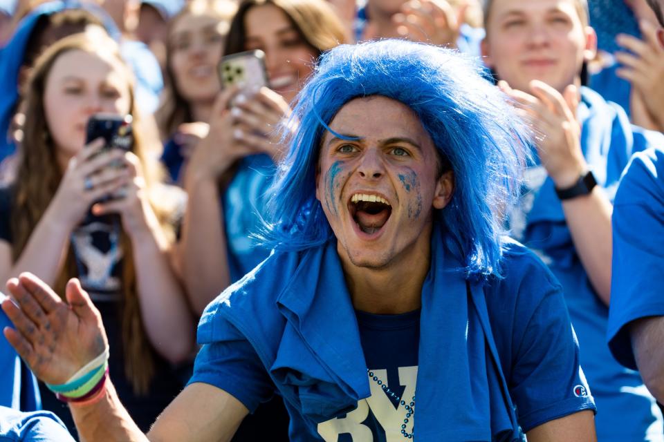 The Brigham Young University student section cheers during the football game against the Southern Utah Thunderbirds at LaVell Edwards Stadium in Provo on Saturday, Sept. 9, 2023. | Megan Nielsen, Deseret News