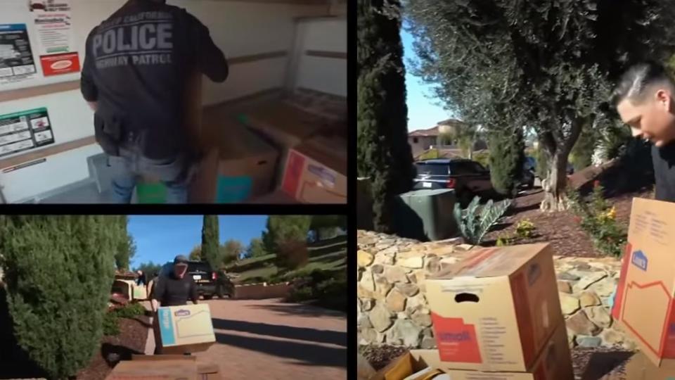 加州女富豪蜜雪兒（中央）被發現是竊盜集團首腦被捕，警方從豪宅搜出大批準備出貨的贓物商品。（圖／翻攝自cnbc新聞影片）