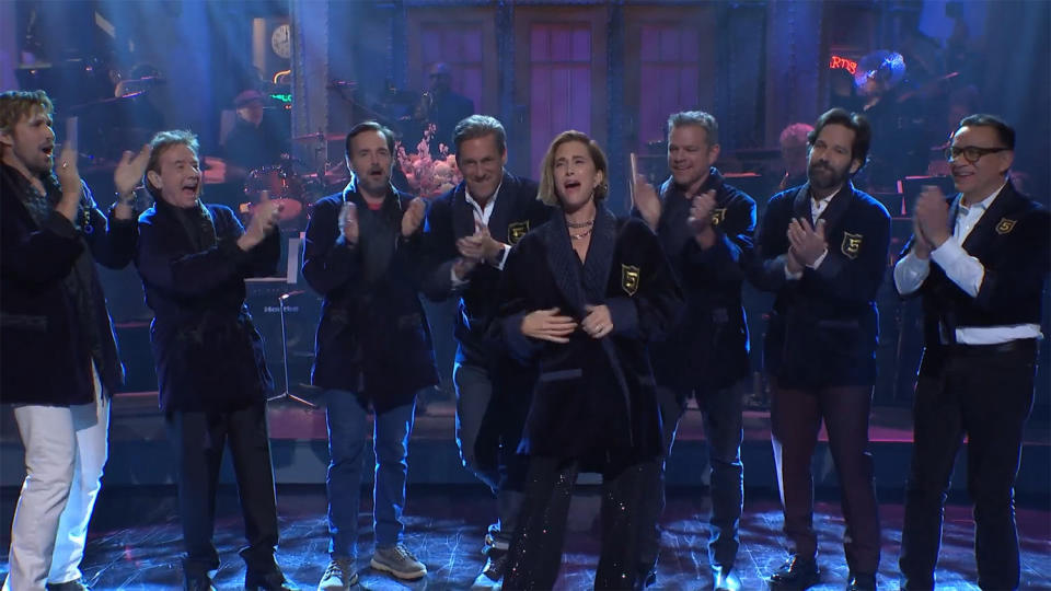 Ryan Gosling and Matt Damon joined the group to celebrate Kristen Wiig's initiation into the Five-Timers Club. (Saturday Night Live)