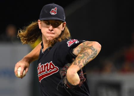 Sep 19, 2017; Anaheim, CA, USA; Cleveland Indians starting pitcher Mike Clevinger (52) pitches in the second inning of the game against the Cleveland Indians at Angel Stadium of Anaheim. Mandatory Credit: Jayne Kamin-Oncea-USA TODAY Sports