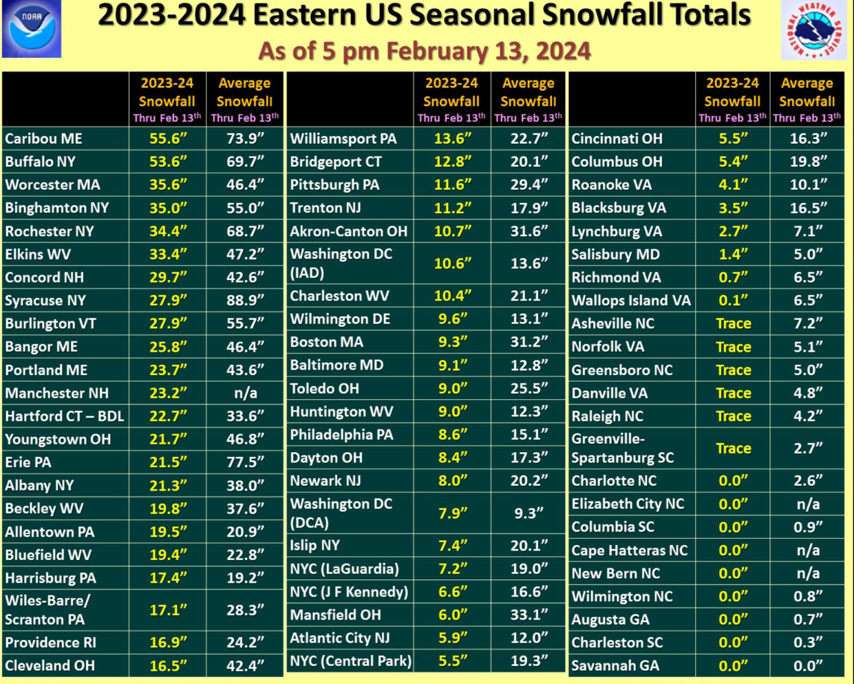 Below average snowfall in eastern parts of US this winter, the National Weather Service said (NWS)