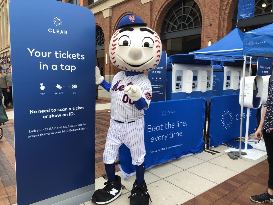 Mr. Met shows off Clear at Citi Field in Queens, New York. (via Clear)