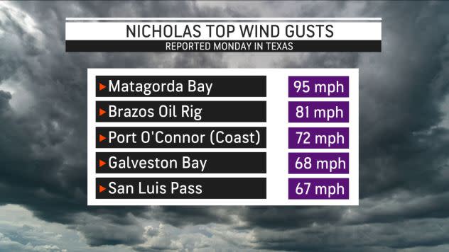 Hurricane Nicholas Top Wind Gusts