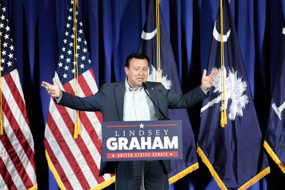 South Carolina Republican Party Chairman Drew McKissick speaks at the Lindsey Graham watch party on Tuesday, Nov. 3, 2020 at the University of South Carolina Alumni Center.