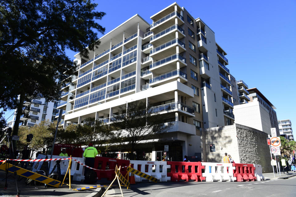 The Mascot Towers building is seen in Mascot, Sydney, Saturday, June 15, 2019. Residents of the high-rise in Mascot, in Sydney's inner-south, have been evacuated as a precaution after cracks were discovered in the building. (AAP Image/Bianca De Marchi) 