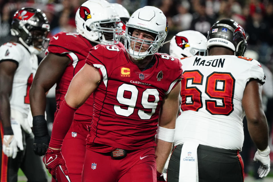 Arizona Cardinals defensive end J.J. Watt (99) celebrates a defensive stop against the Tampa Bay Buccaneers during the first half of an NFL football game, Sunday, Dec. 25, 2022, in Glendale, Ariz. (AP Photo/Darryl Webb)
