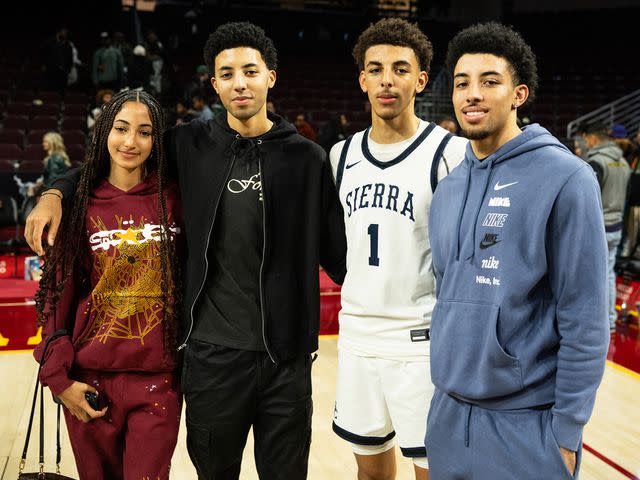 <p>Cassy Athena/Getty</p> Larsa and Scottie Pippen's children, Sophia Pippen, Preston Pippen, Justin Pippen and Scotty Pippen Jr. pose together at The Chosen-1's Invitational on December 16, 2023 in Los Angeles, California.