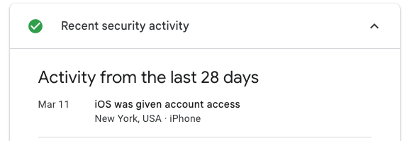 a screenshot of recent security activity on Google's Security Checkup Page