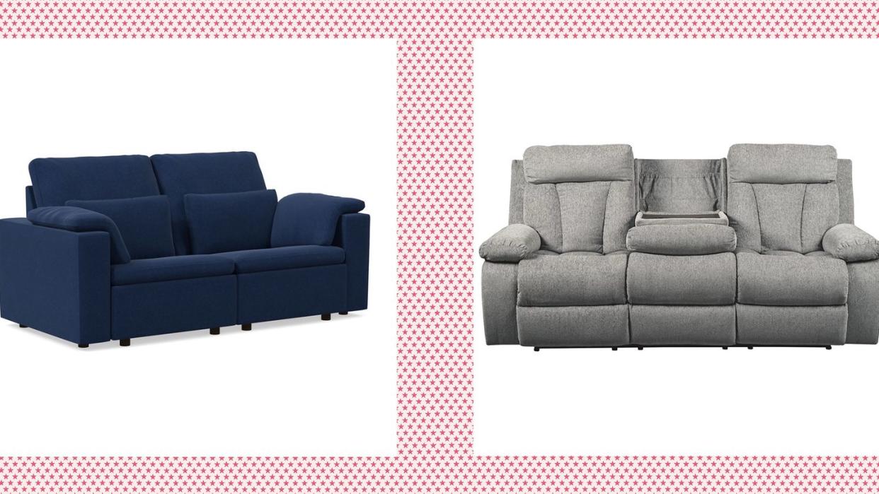 west elm blue reclining sofa and wayfair grey reclining sofa