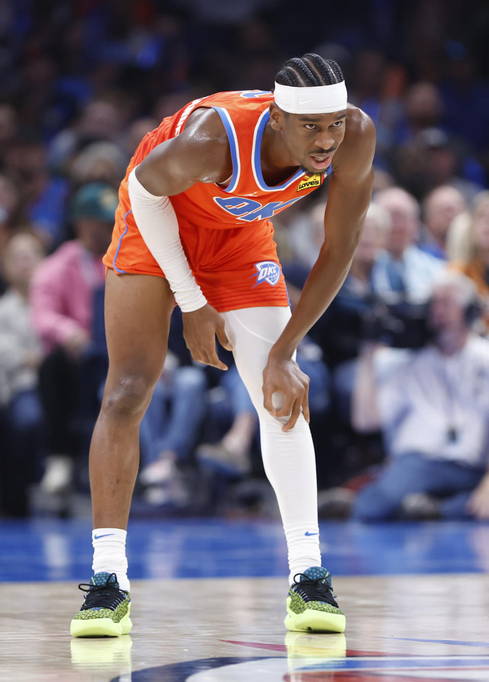 Nov 8, 2023; Oklahoma City, Oklahoma, USA; Oklahoma City Thunder guard Shai Gilgeous-Alexander (2) rest between plays against the Cleveland Cavaliers during the second half at Paycom Center. Oklahoma City won 128-120. Mandatory Credit: Alonzo Adams-USA TODAY Sports