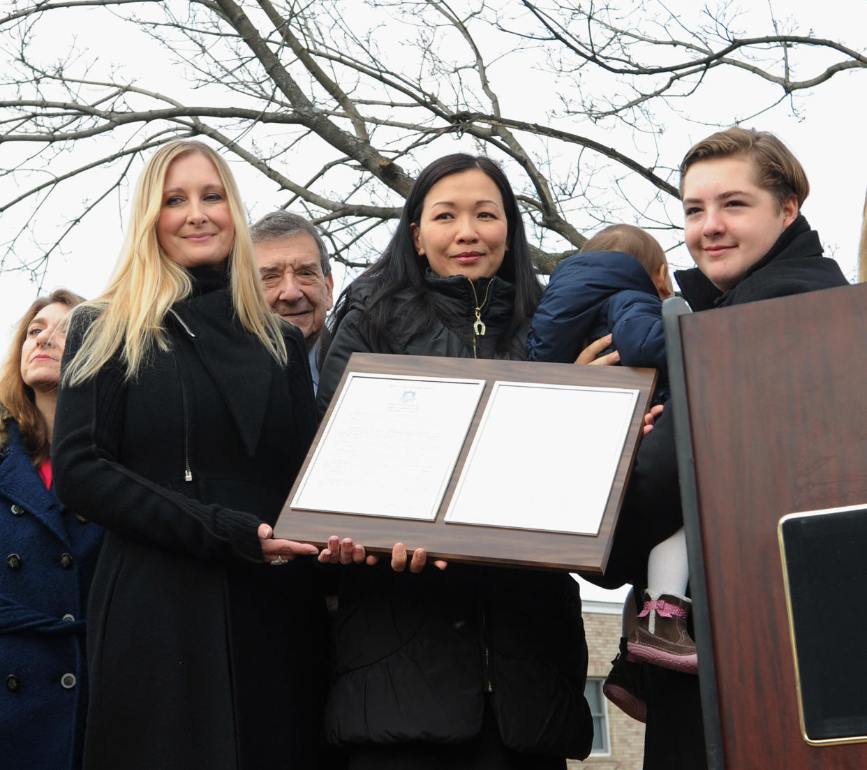 PARK RIDGE, NJ - DECEMBER 01:  Marcy Wudarski, Michael Gandolfini, Deborah Lin and daughter Liliana Ruth Gandolfini attend the James Gandolfini Street Naming Ceremony on December 1, 2013 in Park Ridge, New Jersey.  (Photo by Bobby Bank/WireImage)