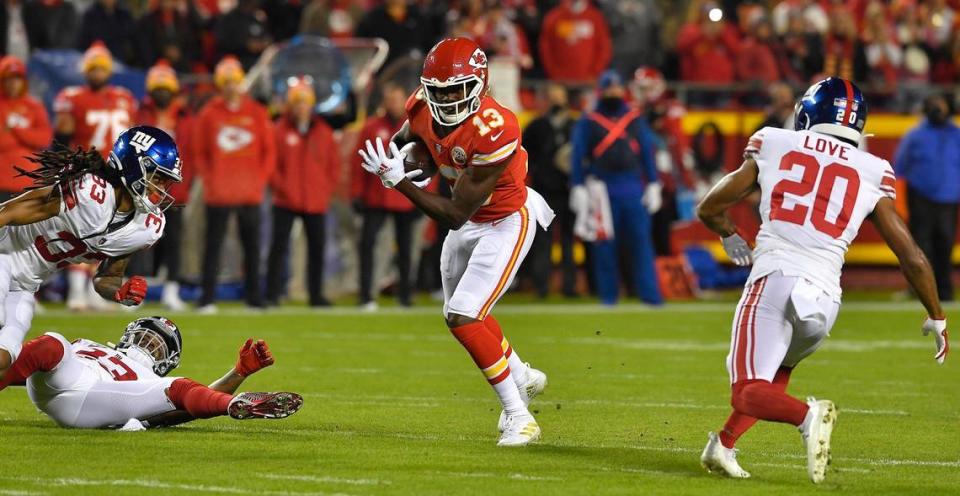 Kansas City Chiefs wide receiver Byron Pringle looks for an opening after hauling in a Patrick Mahomes pass during the first half of Monday night’s game against the New York Giants at Arrowhead Stadium.