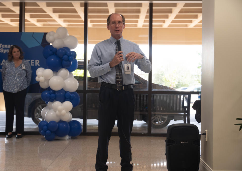 Dr. Brian Weis, former chief medical officer for Northwest Texas Healthcare System (NWTHS), speaks to staff Thursday at a celebration for NWTHS being named a Level II Trauma Center.