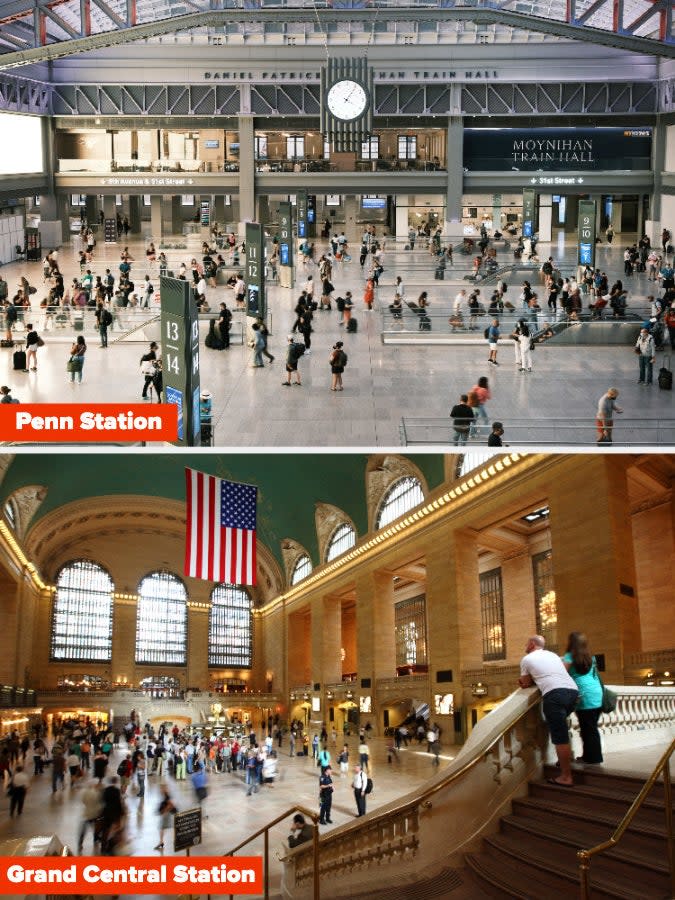 Penn Station's Moynihan Train Hall pictured on top of Grand Central Station