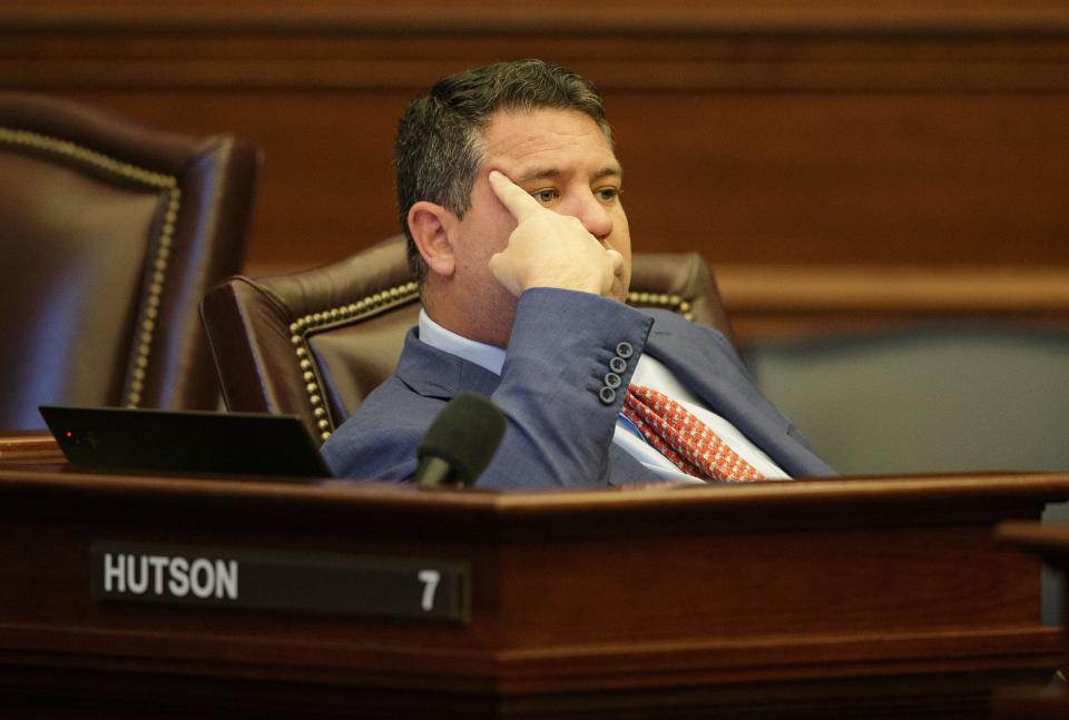 Sen. Travis Hutson, R-Palm Coast, listens to debate on a bill on the Senate floor Thursday, March 10, 2022.