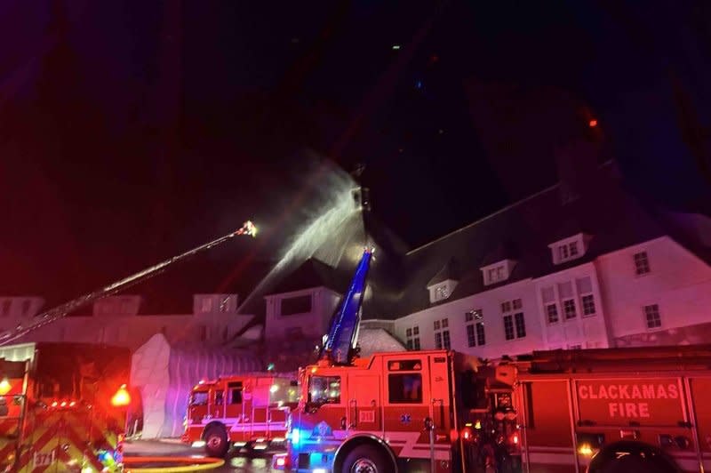 Firefighters are shown containing a tree-alarm blaze at the historic Timberline Lodge Thursday night on Oregon's Mount Hood. Photo courtesy of Clackamas Fire Department