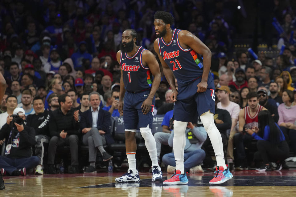 James Harden #1 and Joel Embiid #21 of the Philadelphia 76ers in action against the Chicago Bulls at the Wells Fargo Center on March 7, 2022. (Mitchell Leff/Getty Images)