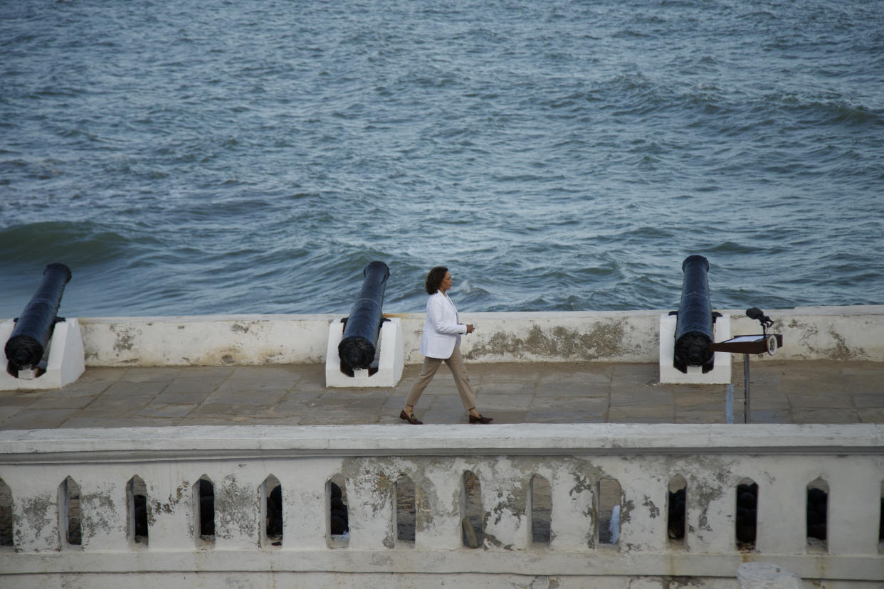 FILE - Vice President Kamala Harris walks at Cape Coast Castle in Ghana, Tuesday, March 28, 2023. This castle in was one of around 40 "slave castles" that served as prisons and embarkation points for slaves en route to the Americas. (AP Photo/Misper Apawu, File)