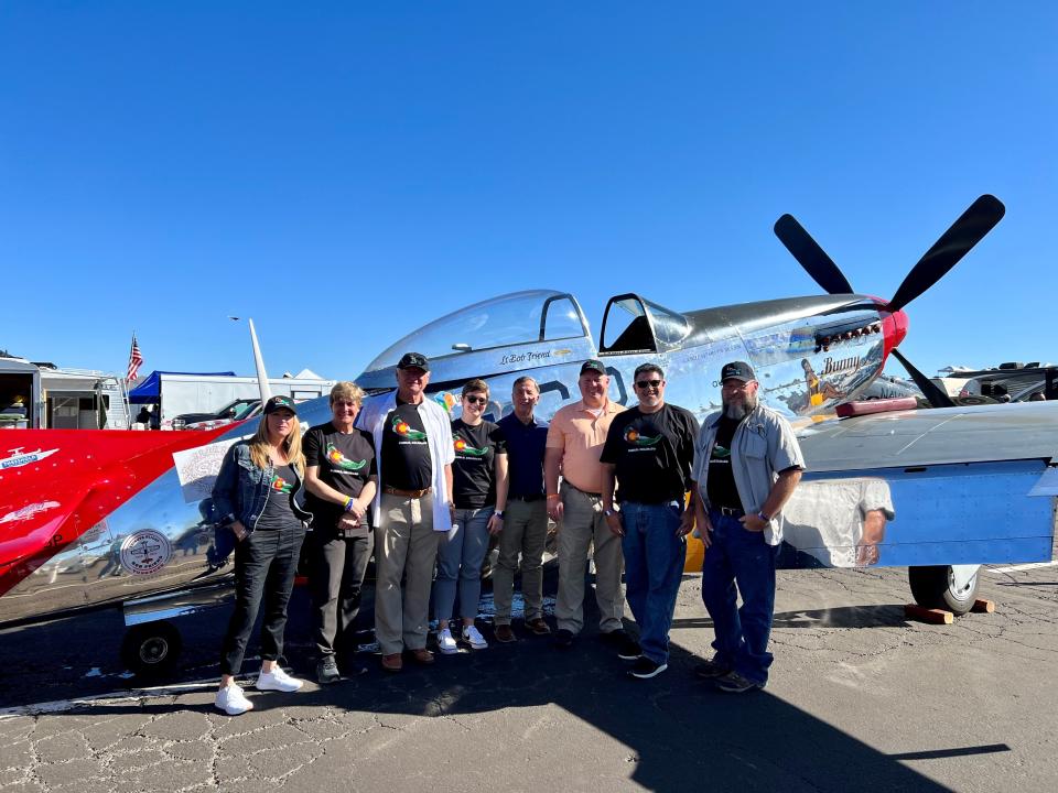 A group of Pueblo leaders attending the air show in Reno in September 2023. From left to right: Donielle Kitzman, vice president of Greater Pueblo Chamber of Commerce; Barb Huber, chief of the Pueblo Fire Department; Nick Gradisar, former mayor of Pueblo; Haley Sue Robinson, city director of public affairs; Walt Fredrick, FBO regional manager for Freeman Jet Center; Chris Noeller, chief of the Pueblo Police Department; Greg Pedroza, director of aviation for Pueblo Memorial Airport; John Griggs, airport operations and maintenance supervisor.