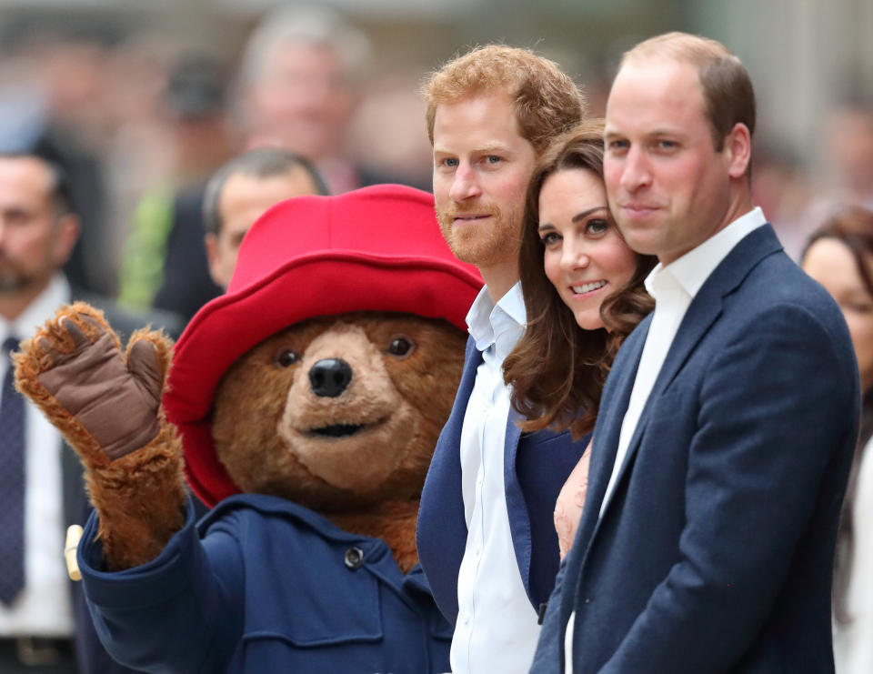 Paddington Bear with Prince Harry, Catherine, Duchess of Cambridge and Prince William, Duke of Cambridge.