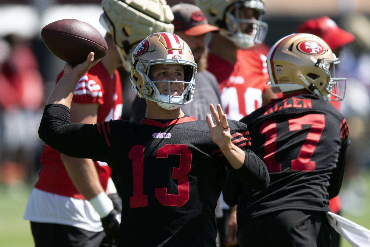 Jul 26, 2024; Santa Clara, CA, USA; San Francisco 49ers quarterback Brock Purdy (13) throws a pass during Day 4 of training camp at SAP Performance Facility. Mandatory Credit: D. Ross Cameron-USA TODAY Sports